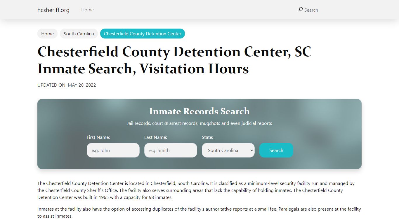 Chesterfield County Detention Center, SC Inmate Search, Visitation Hours